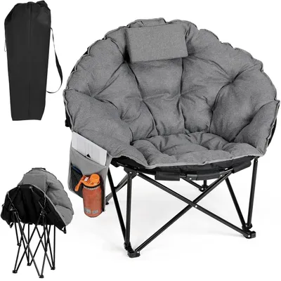 Produktbild von Campingstuhl - Faltbarer Moon Chair - Gepolsterter Baumwollsitz - Kopfstütze & Becherhalter - 95×95×93 cm, 150 kg - Mit Tragetasche - Grau 1 Stk