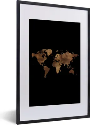 Produktbild von MuchoWow® Gerahmtes Poster Weltkarte - Gold - Schwarz 40x60 cm - Poster mit Schwarzem Bilderrahmen Wandposter Rahmen Foto Bilder - Poster in Rahmen