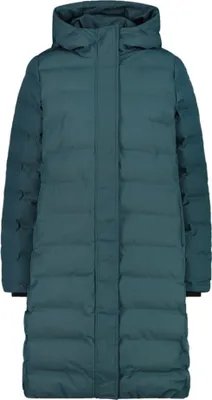 A full-length studio shot of a green puffer coat.