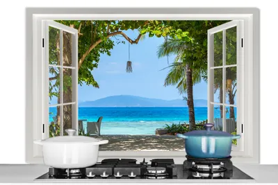 Obrázok produktu pre MuchoWow® Splashback kitchen - kuchynský backsplash - ochrana steny pre sporák a drez - pohľad - strom - more - palma - kopec - pláž - modrá 120x80 - Alu-Dibond (alternatíva k sklenenému splashbacku) - tepelne odolný - splashback na sporák - ochrana dlaždíc - kryt varnej dosky - stena v kuchyni - kuchyne - ochrana stien