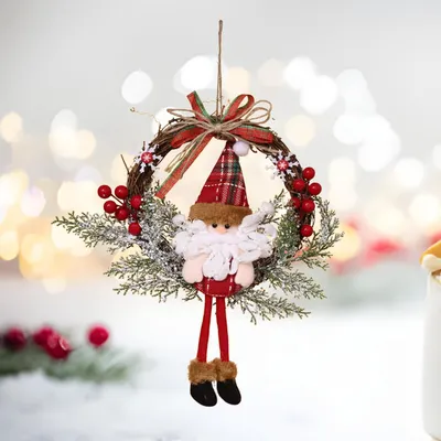 Immagine prodotto di Ghirlanda natalizia, 35 cm, con Babbo Natale ed elfi, decorazione per porta, parete o finestra