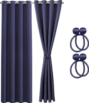 Zdjęcie produktu dla COZYOR 2x nieprzezroczyste zasłony + 2x opaska z magnesem, zasłona termiczna, 100% zaciemnienia, 160x135cm, niebieska