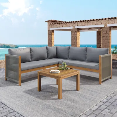Produktbild von Gartenmöbel-Set, modulares Outdoor-Sofa, Terrassen-Essgruppe aus Holz mit Ecksofa + Couchtisch, geflochtenes Seil, grau