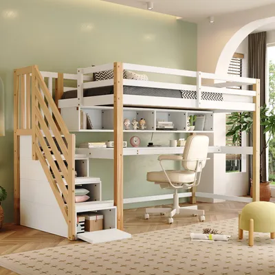 Produktbild von Flieks Etagenbett 90x200cm mit Treppe, Hochbett mit Schreibtisch und Bücherregal, Kinderbett mit Rausfallschutz, Jugendbett mit Lattenrost, Einzelbett Massivholzbett, Naturbelassen