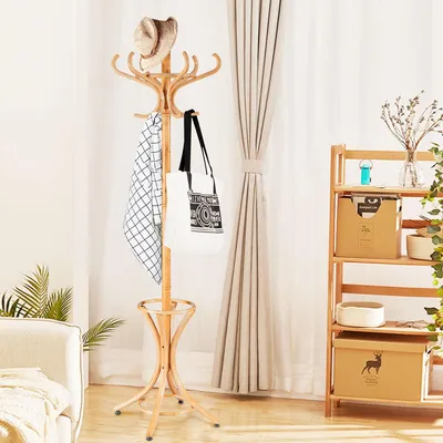 Obrázok produktu pre COSTWAY Vešiak na kabáty 184 cm, drevený vešiak na kabáty, vešiak na bundy s 12 vešiakmi a držiakom na dáždniky, stojací vešiak na kabáty, prírodný