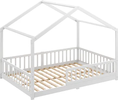 Produktbild von CADANI Malte Hausbett 140x200 cm Bodenbett, Rausfallschutz abnehmbar, bis 200 kg belastbar, Montessori Kinderbett weiß, Kiefer Massivholz
