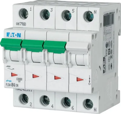 Obrázok produktu pre Eaton LS-Schalter 10 kA B 6 A/3-pólový + N 4TE Eaton PLSM-B6/3N-MW, 1 ks.