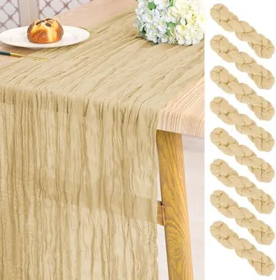 Produktbild von 8 Stück Käsetuch Tischläufer Staubblau, Beige,3 m lang, rustikale Gaze Boho-Stil Hochzeits Seihtuch Tischläufer, 55 x 300 cm, für Hochzeit, Brautparty, Party, Bankett