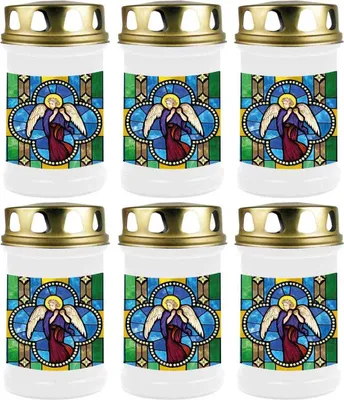 Produktbild von Grabkerze Weiß 6er Pack, Brenndauer: 48 Stunden ( je Kerze ), Motiv: Fenster Bunt