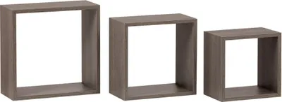 Three cube-shaped shelves of varying sizes are displayed against a white background.