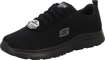 A black Skechers work shoe is shown from a side angle on a white background.