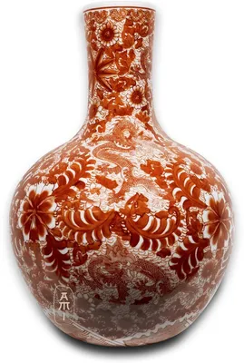 Produktbild von Asiatische chinesische Korallenrote Vase mit handbemaltem Drachenmuster, 37 x 53 cm – Chinesische Rote Drachenvase.