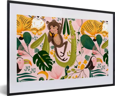 Produktbild von MuchoWow® MuchoWow® Gerahmtes Poster Affen - Pflanzen - Dschungel - Rosa 60x40 cm - Poster mit zchwarzem Bilderrahmen - Schlafzimmer - Plakat in Rahmen - Drucken