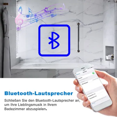 Produktbild von Badspigel mit Steckdose 70×50cm Bluetooth LED Schminkspiegel Kalt/Neutral/Warmweiß dimmbar Memory Beschlagfrei eine Stunde automatische Abschaltung Wandschalter Spiegel mit LED Beleuchtung
