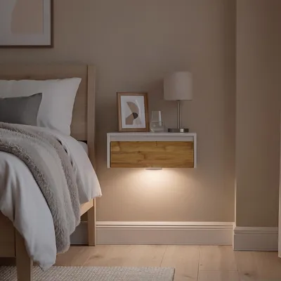 Produktbild von SoBuy Nachttisch hängend mit abnehmbarem Bewegungssensor Licht & Schublade Schwebender Nachtschrank für Schlafzimmer Wohnzimmer oder Flur FBT174-E-WN