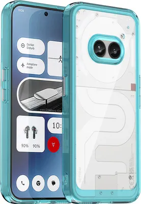 A smartphone with a transparent protective case, showing the phone's internal components and the phone's screen displaying widgets.