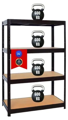 Produktbild von Schwerlastregal DINO | HxBxT 180x120x60cm | 4 MDF-Platten-Ebenen 6,5 mm | Fachlast 600kg | Schwarz