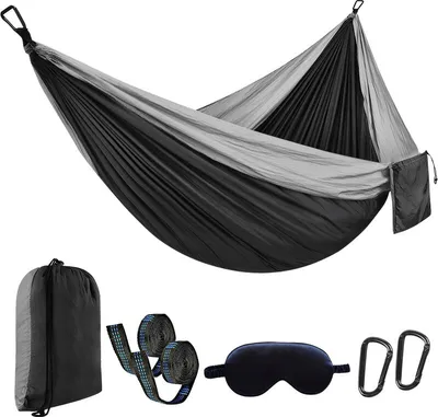 Produktbild von （Grau-Schwarz）Camping Hängematte, Ultra-leicht Tragbare Fallschirm Hängematte aus 210T Nylon, 270x140cm, mit Schlafmaske für Reisen und Outdoor