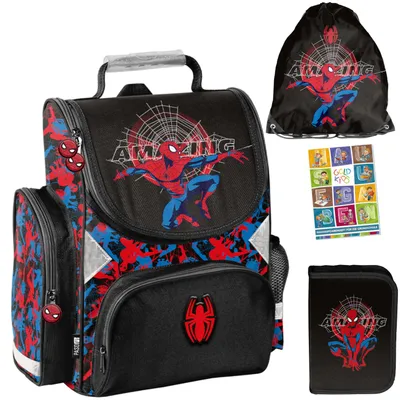 Produktbild von Schulranzen für Jungen und Mädchen, 4er-Set - Schul-Rucksack für Kinder mit Federmäppchen - Schuhbeutel und Hausaufgabenheft - Spiderman