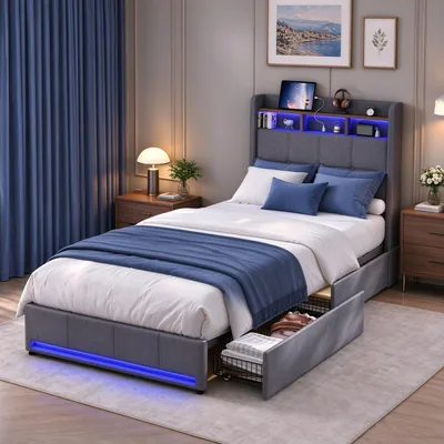 Image de INONEFT, lit avec tête de lit capitonnée, 90x200 cm, lit simple avec 2 tiroirs et éclairage LED/ports USB, tête de lit avec espace de rangement, lit avec sommier à lattes, lit pour adolescents, tissu lin, couleur gris