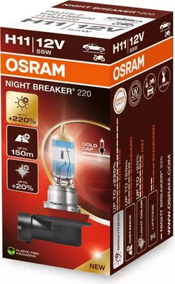 Produktbild von OSRAM NIGHT BREAKER 220, H11, +220% mehr Helligkeit, Halogen-Scheinwerferlampe, 64211NB220-2HB, Faltschachtel (1 Lampe), white