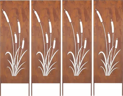 Four identical metal garden screens with a cattail design, arranged side-by-side.