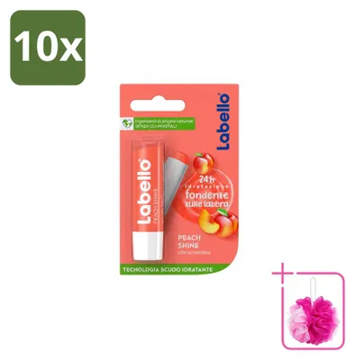 Productafbeelding van 10 x Labello Fruity Peach Shine veganistische lippenbalsem met koraalglanzende finish - Verpakking met 10 stuks