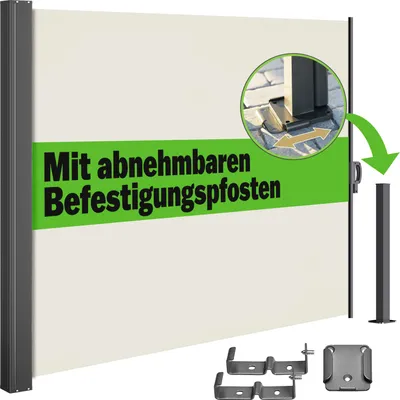 A cream-colored side awning with green text and a close-up inset showing mounting hardware.