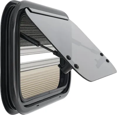 Productafbeelding van Zwart zijraam voor caravan of camper met insectenscherm en zonnescherm, lichtdoorlatendheid 18%, openingshoek 0-85°, 700x450mm
