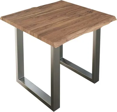 A square wooden table with a live edge top and a U-shaped metal base, shown from a three-quarter angle against a white background.