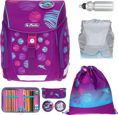 Produktbild von Schulranzenset für Mädchen Herlitz Filo Light Plus 8 Teile Schulmappe Tornister Mega Set für die Grundschule 1. - 4- Klasse mit Regenhülle Trinkflasche 50037872 Sea Bubbles Lila +rf