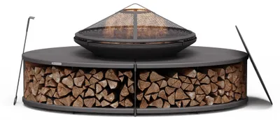 Image de Blumfeldt Ebeko Brasero Exterieur - Barbecue & Table, 3-en-1 Brasero en Acier Durable, Pare-Étincelles & Tisonnier Inclus, Rangement Bûches, Housse Imperméable, Idéal Jardin & Terrasse
