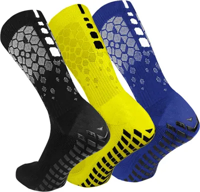 Produktbild von Fußball Socken 3 paar Fußballsocken Unisex Socken | Anti-Rutsch-Design | Universal EU 38-45 | Stutzen Fussball Herren Frauen Kinder, Tape Design Sportsocken Männer (schwarz+gelb+blau)