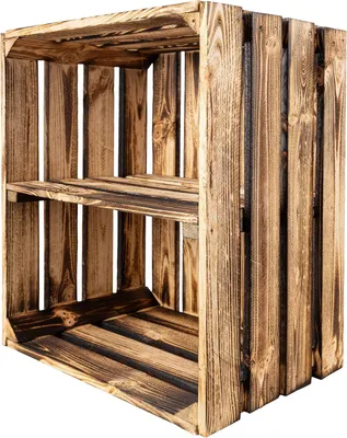 A wooden crate with shelves, presented against a white background.