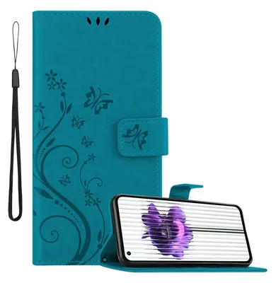A teal flip case for a smartphone is shown open, displaying the phone's screen with a floral image. A wrist strap is attached to the case.
