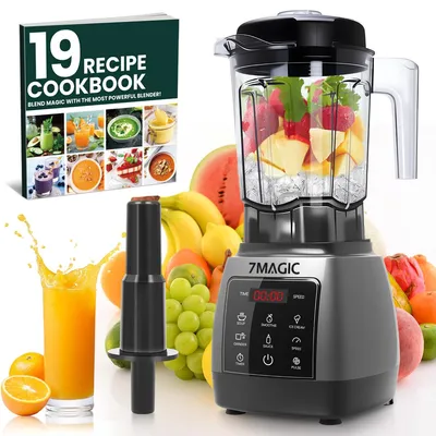 A blender, a cookbook, and a glass of orange juice are displayed with a variety of fruits in the background.
