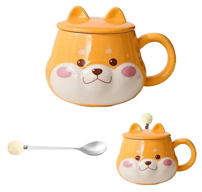 Productafbeelding van Keramische beker met deksel en lepel, Shiba Inu design, 420 ml