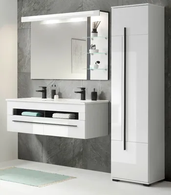 Produktbild von Badmöbel Set "Design-D", weiß Hochglanz Badkombination mit Doppelwaschbecken und LED