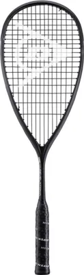 A black squash racket is shown against a white background.
