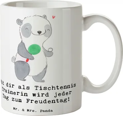 Produktbild von Mr. & Mrs. Panda Tasse Tischtennis Trainerin Freudentag - Weiß - Geschenk, mit Spruch, Teetasse, Sportart, Trinkbecher, Danksagung, Engagement, Inspiration, Keramiktasse