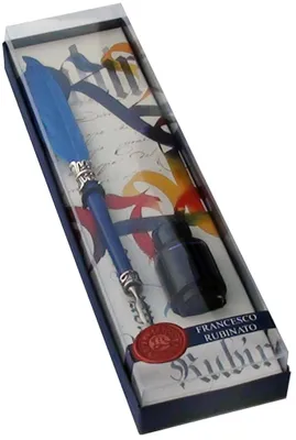 Produktbild von Rubinato Federhalter mit kleinem Gänsekiel blau + Tinte in Geschenkbox