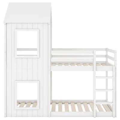 Produktbild von Merax Etagenbett 90x200 cm mit Treppe und Rausfallschutz, Dach und Lattenrost, Hochbett Kieferholzbett Kinderbett für 2 kinder, Weiß