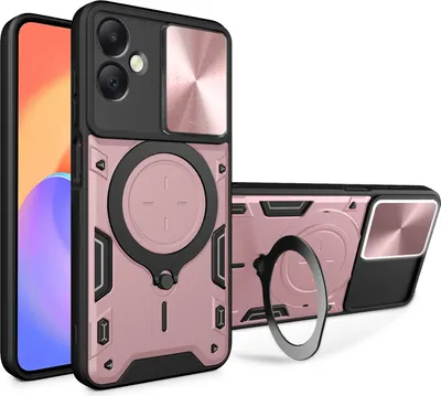 Produktbild von Handyhülle für Samsung Galaxy A06 Dual-Layer Stoßfest Rüstung Hülle mit Dia Kameraschutz und Kreisförmig Ring Ständer Roségold