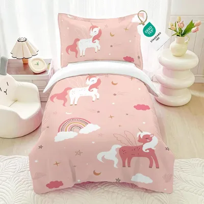 Immagine prodotto di Biancheria da letto per bambini, 100x135 cm, rosa, con federa 40x60 cm, motivo unicorno, in microfibra