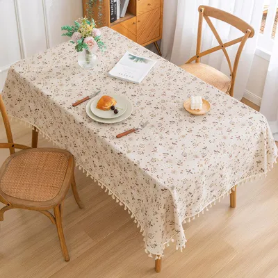 Productafbeelding van Tafelkleed, afwasbaar, katoenlook, vintage bloemenprint met franjes, 180x140 cm