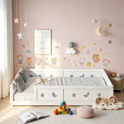 Zdjęcie produktu dla Łóżeczko dziecięce INONEFT, wymiar 140x200 cm, z barierami ochronnymi, rama z motywami gwiazd i księżyców, łóżeczko dla małych dzieci, łóżeczko Montessori, bez materaca, białe