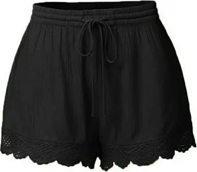 Obrázok produktu pre Dámske šortky na leto, krátke - veľkosť XL. Voľné šortky s čipkou, "hot pants", veľkosť plus. Letné krátke nohavice so sťahovacou šnúrkou, elastický pás, pevné, športové, bavlnené, športové šortky, pyžamové nohavice