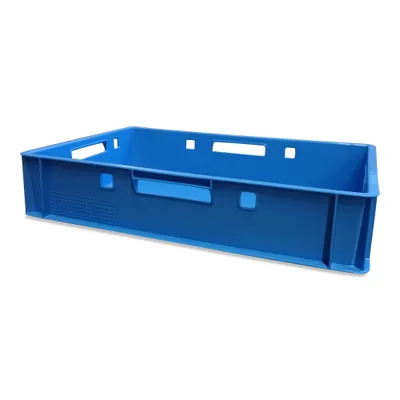 A blue plastic crate is shown against a white background.