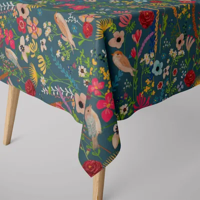 Produktbild von Tischdecke abwaschbar Blumen Vögel blau div. Größen von SCHÖNER LEBEN. Größe 130 x 280 cm