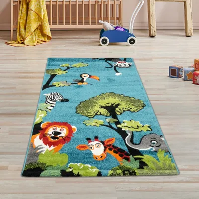 Immagine prodotto di Tappeto colorato per la cameretta dei bambini con animali della foresta, colore blu - Dimensioni: 80 x 150 cm